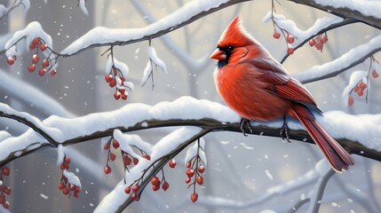 A red cardinal perched on a snow-laden branch, contrasting the winter white.