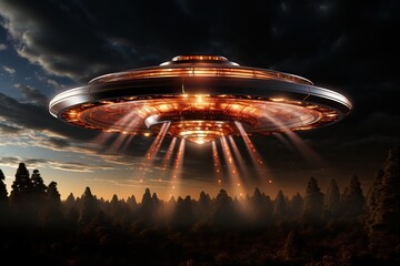 UFO, alien plate hovering over the field, hovering motionless in the air, Unidentified flying object and alien invasion by extraterrestrial life. - obrazy, fototapety, plakaty