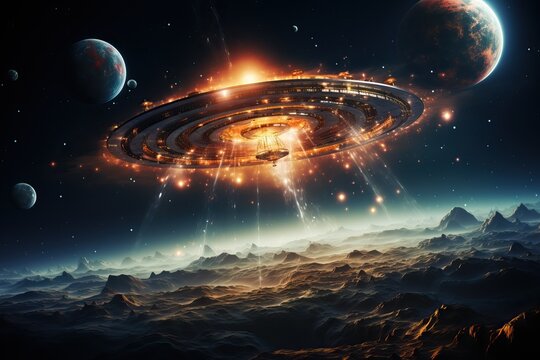 UFO in space. Abstract image of a flying saucer, expansion of the planet.