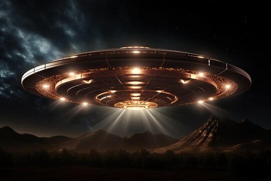 UFO, alien plate hovering over the field, hovering motionless in the air, Unidentified flying object and alien invasion by extraterrestrial life.