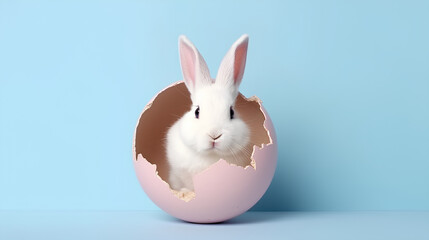 Little Easter bunny sitting in an eggshell on a blue background.