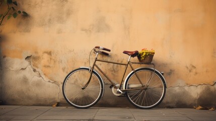 Classic bicycle leaning against a weathered cement sidewalk wall.