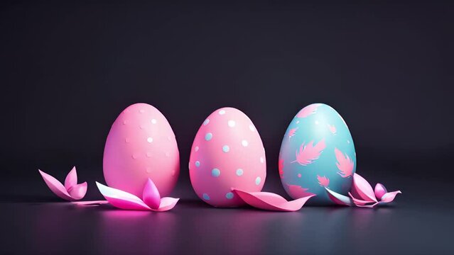 Glowing easter eggs with moving surrounding.Happy Easter glowing retro neon eggs on dark background. Pastel colored 3D Easter eggs copy space illustration.