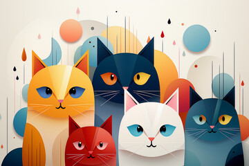 Group of stylized cats in abstract geometric design