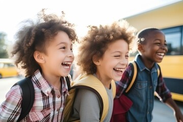 a group of children laughing and walking away from the school bus together, capturing a sense of friendship and joy at the end of the school day. generative AI 