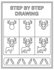 Deer. Book page, drawing step by step. Black and white vector coloring page.