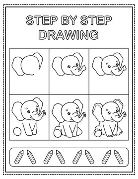 Elephant. Book page, drawing step by step. Black and white vector coloring page.