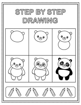 Panda. Book page, drawing step by step. Black and white vector coloring page.