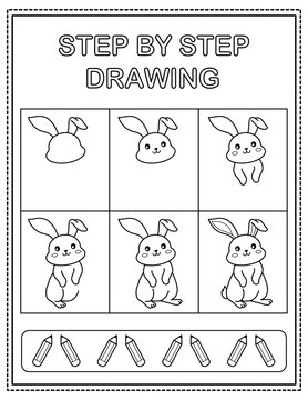 Rabbit. Book page, drawing step by step. Black and white vector coloring page.