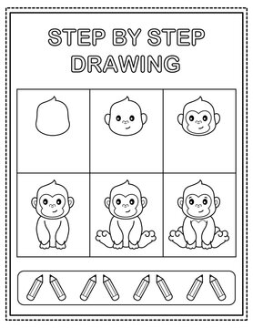 Gorilla. Book page, drawing step by step. Black and white vector coloring page.