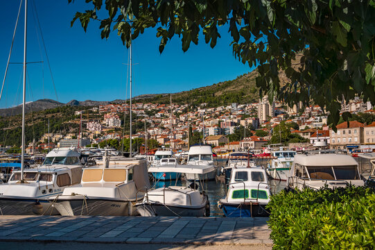 view of Port Gruz with boats near Franjo Tudman bridge in Croatian Dubrovnik