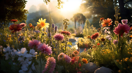 Fototapeta na wymiar The beauty of wildflowers in full bloom within a garden oasis. Generative Ai
