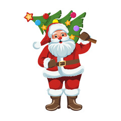 Santa claus with presents. Cheerful Santa Claus stands and waves his hand next to a sack full of gifts. Traditional Christmas and New Year character. Vector illustration isolated on white background.