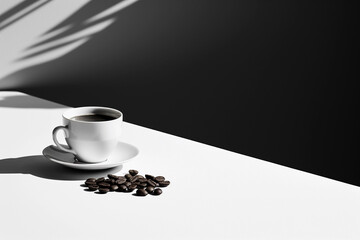 cup of coffee with beans on a high contrast background with shadows and lights and copy space