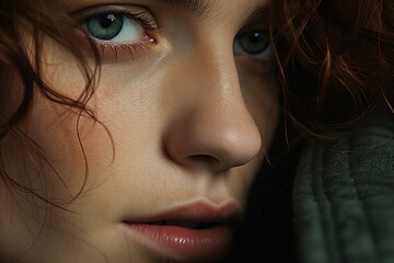 Close-up of woman with intense gaze and curly hair