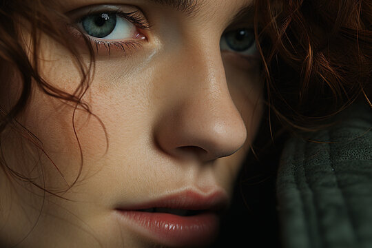 Close-up of woman with intense gaze and curly hair