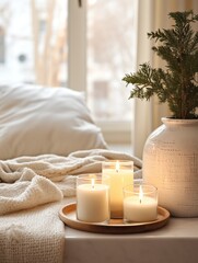 Cozy winter home tray decor arrangement with burning candles, holiday room interior decorations