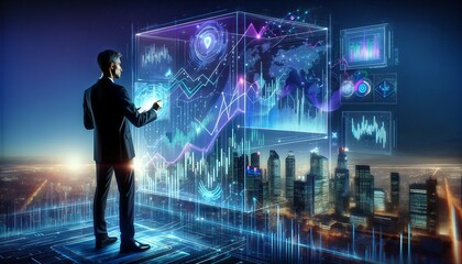 Fototapeta na wymiar Professional in formal attire, analyzing a floating 3D holographic display of a dynamic stock market