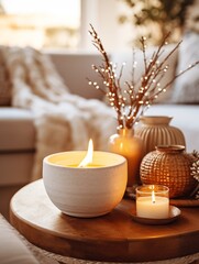 Cozy winter home decor arrangement with burning candles, holiday room interior decorations