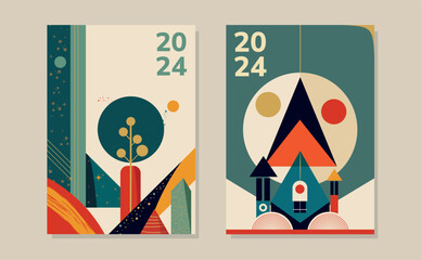 Bauhaus-style cards, brightly colored poster design, vector illustration for post card