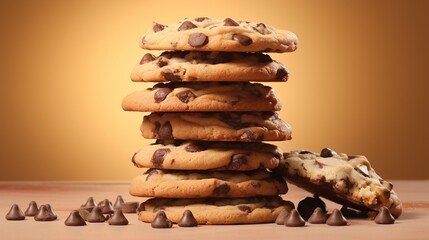 A stack of chocolate chip cookies, with one broken to show the gooey chocolate, set against a solid...