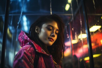 Fashion beauty shooting of gorgeous Asian model. Young beautiful woman in purple jacket posing over night city dramatic red neon background.