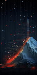 Digital volcano with tech elements and snowy mountain - obrazy, fototapety, plakaty