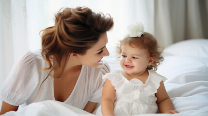 Obraz na płótnie Canvas Young mother and cute little baby girl smiling each other on bed, closeup portrait, 