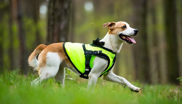 Dog with high visibility on a walk with a fluo vest