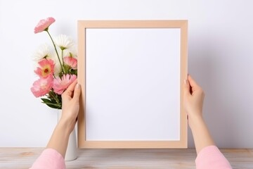 Cropped hand of woman holding picture frame mockup against white wall. Woman hangs empty square wooden frame on wall. Mockup image