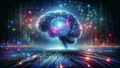 A panoramic image representing artificial intelligence, showcasing a futuristic scene with a holographic brain, intertwined with abstract digital 