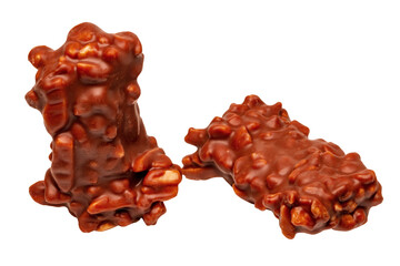 Chocolate candy with nuts isolated on a white background. Clipping path. Almond and nut slivers embedded in milk chocolate.