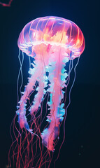 Backdrop, banner. Ethereal jellyfish swimming in deep ocean, illuminated by vibrant neon lights. Fantastic design, nature inspired, for eco or aquatic lifestyle