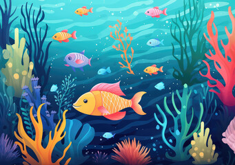 Naklejka premium A captivating underwater scene, teeming with vibrant coral and small fishes in a symphony of beautiful colors, offering a glimpse into the enchanting world beneath the ocean's surface