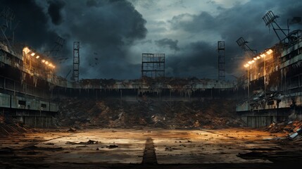 A post-apocalyptic sports arena. Old abandoned stadium. Destroyed sports field. - obrazy, fototapety, plakaty