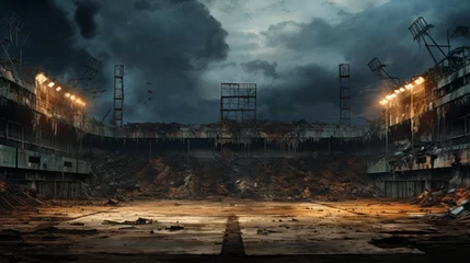 Fotobehang A post-apocalyptic sports arena. Old abandoned stadium. Destroyed sports field. © Dragan