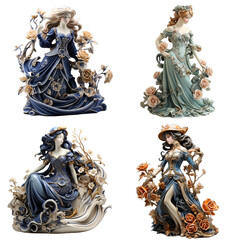 set of 18th century statue of a woman in an attractive and stylish dress