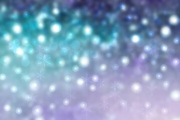 Abstract blurred festive delicate winter christmas or Happy New Year background with shiny blue pink and white bokeh lighted stars. Space for your design. Card concept.