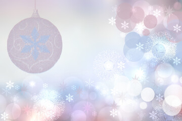 Abstract blurred festive winter christmas or Happy New Year background with shiny pink and blue bokeh lighted xmas balls and stars. Space for your design. Card concept.