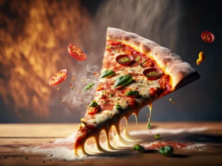 Foto op Plexiglas Uma fatia de pizza flutuando com queijo derretendo, tomate e outros ingredientes ao redor. © Angela