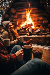 Obraz premium People relax sitting on the sofa and drink hot drinks near the fireplace in their home.