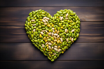 Beans laid out in the shape of a heart on a wooden background