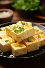 Vegan tofu cheese with sauce and herbs