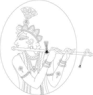 Lord Krishna in Indian mythology. Wall painting in Rajasthan India. Kalamkari. for a coloring book, textile fabric prints, phone case, greeting card. logo, calendar	
