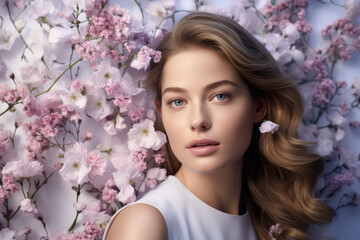 Obraz na płótnie Canvas woman in beauty photoshoot floral background
