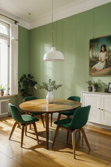 Living room with brown wooden furniture.
Generative AI