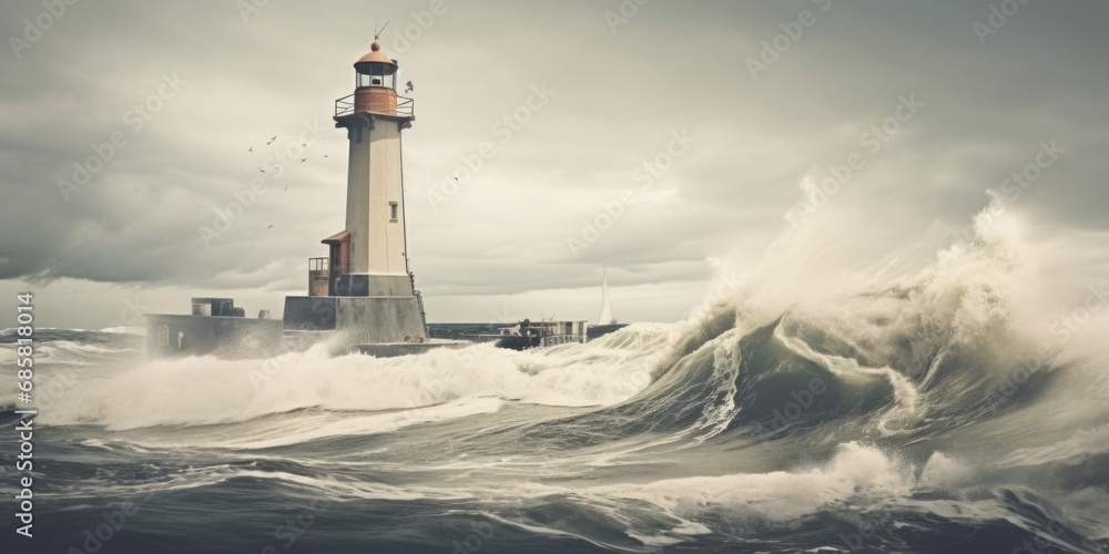 Sticker A lighthouse in the middle of a rough ocean, AI