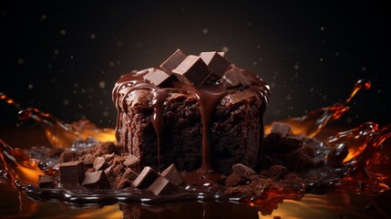 A warm, gooey chocolate brownie with melted chocolate chips on top, set against a solid dark...