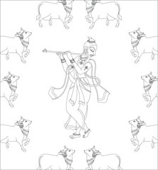 Fototapeta na wymiar Lord Krishna in Indian mythology. Wall painting in Rajasthan India. Kalamkari. for a coloring book, textile fabric prints, phone case, greeting card. logo, calendar 