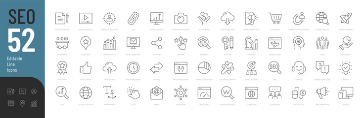 Search Engine Optimization Line Editable Icons set. Vector illustration in modern thin line style of technology icons: web development, strategy, optimization and more. Pictograms and infographic - obrazy, fototapety, plakaty